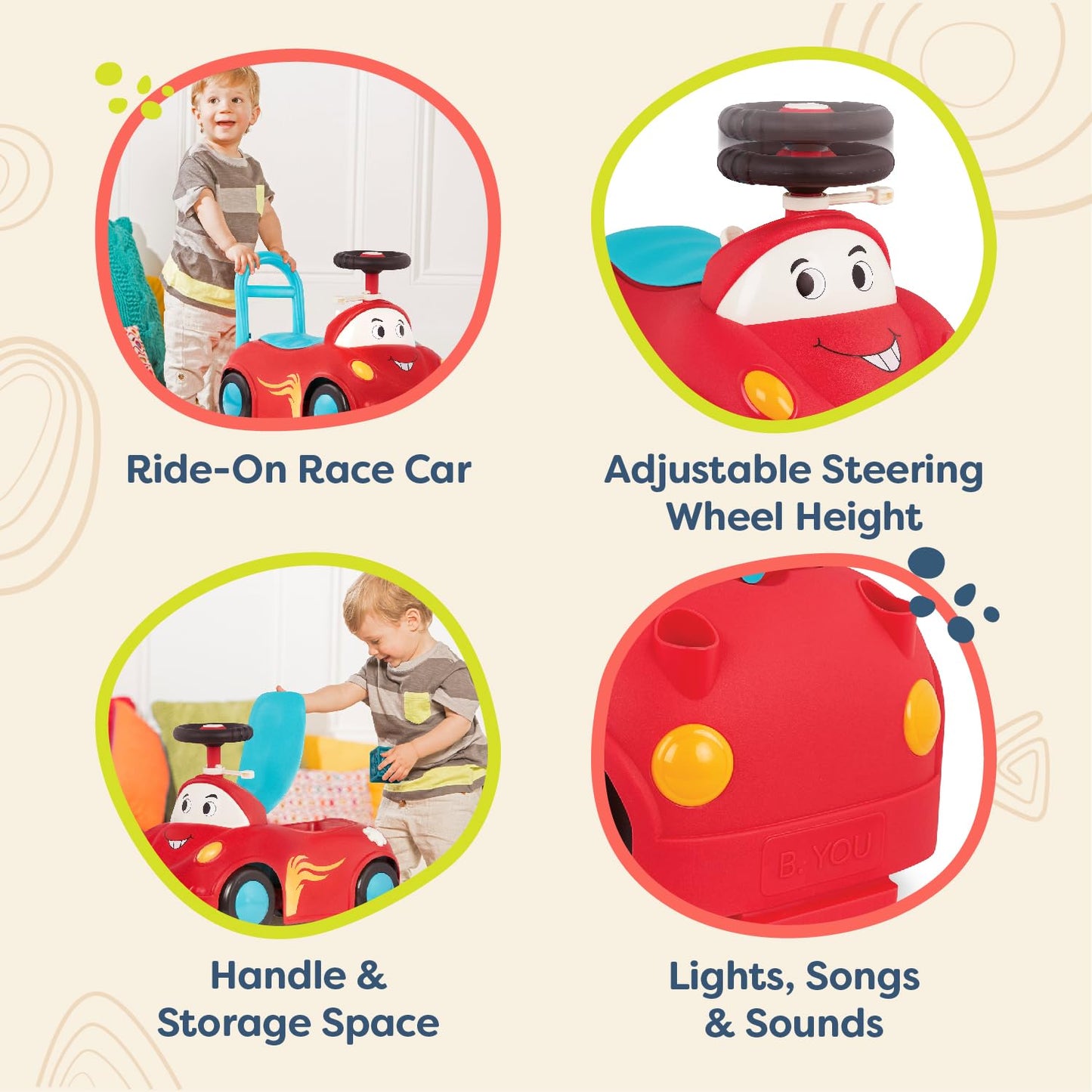 B. Toys – Push Cartoy – Ride-On Race Car –Walker Toy - Handle & Storage Space – Lights, Songs & Sounds – 1 Year + – Rollin' Riders - Freddy Zoom