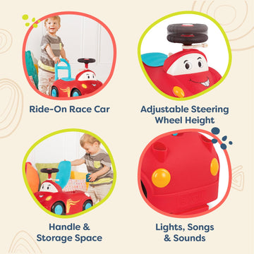 B. Toys – Push Cartoy – Ride-On Race Car –Walker Toy - Handle & Storage Space – Lights, Songs & Sounds – 1 Year + – Rollin' Riders - Freddy Zoom