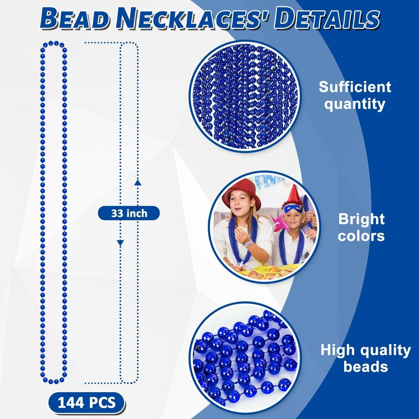 144PCS Christmas Bead Necklace, Blue Bead Necklaces Stuff, 33'' Mardi Gras Beads Necklace Costume, Festival Parade Throw Accesso