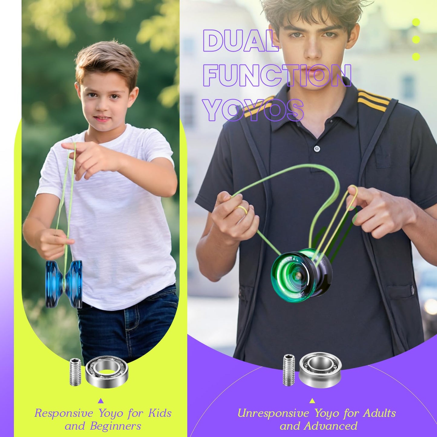 MAGICYOYO K2 Crystal Yoyo Pack of 2  Dual Purpose Responsive & Unresponsive Yoyo for Kids 8-12  Plastic Professional Yo Yo for mature-themeds  Complete yo-yo Accessories Included (Black Green+Black Blue)
