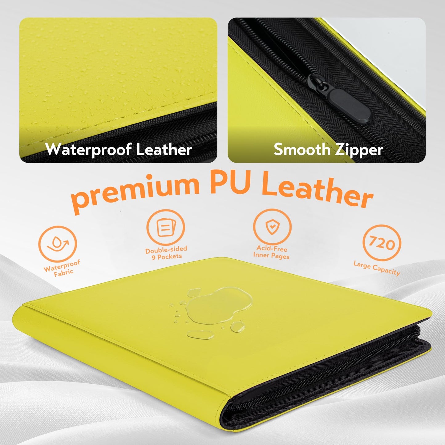 SMYV 12 Pocket Trading Card Binder  enhanced PU Cover Card Binder for 720 Cards  Ringless Side Loading Card Collection Album Folders for MTG  TCG  Game Cards & Sports Cards (Yellow)