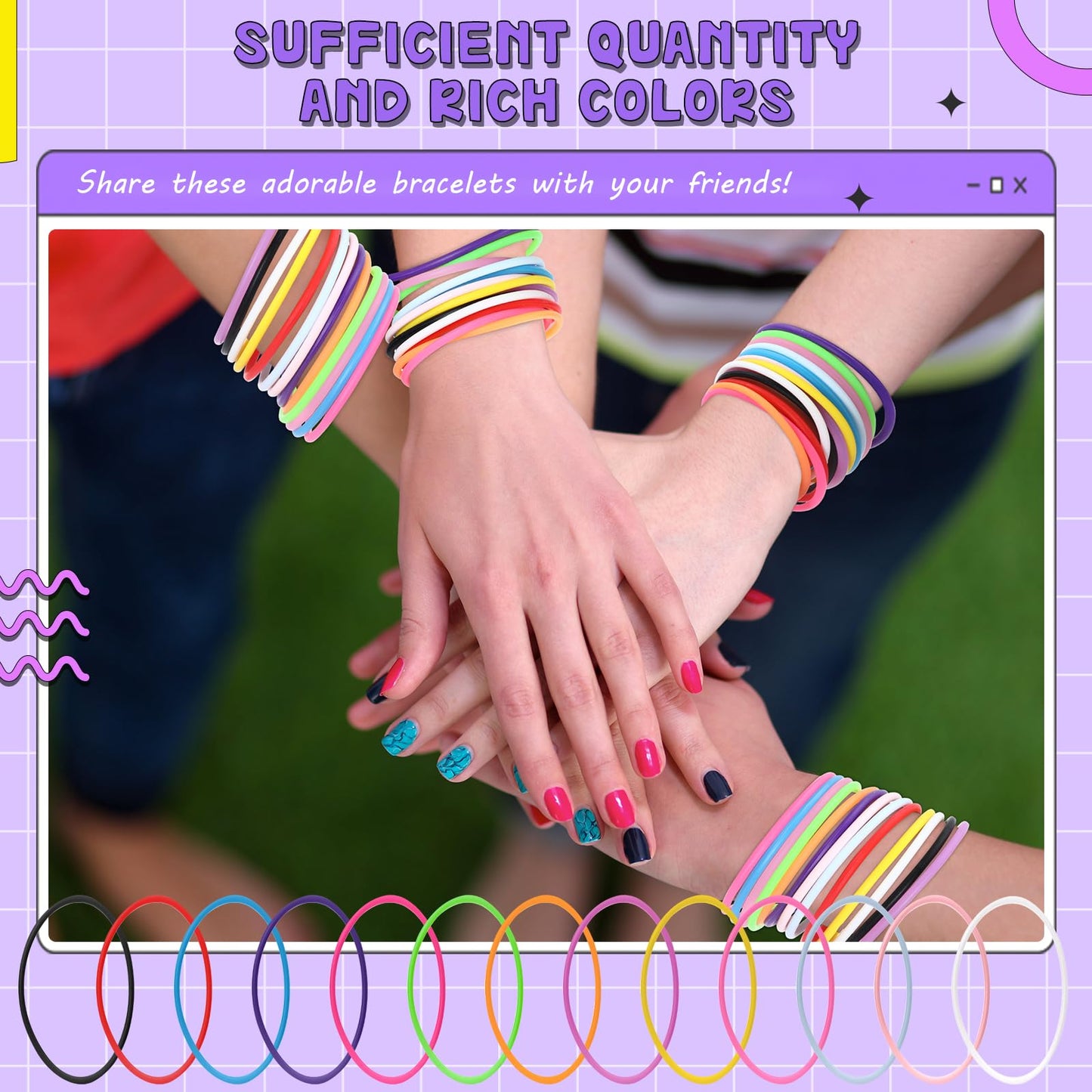 Nuenen 2000 Pcs Colorful Silicone Jelly Bracelets Bulk 80'S Silicone Bracelets Neon Jelly Bracelets Wristband Rainbow Hair Ties