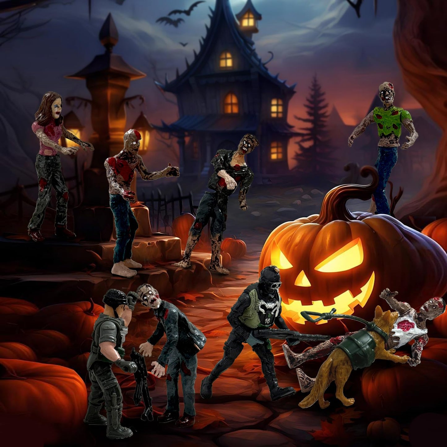 Army Men VS Zombie Action Figures  Realistic 6 Zombie Toys Playset 6 Army Toy Set with  2 Dog Figures  Halloween Decor for Boys 4-7 (14PCS)
