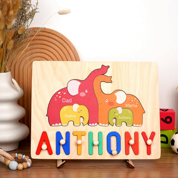 Name Puzzles For Toddlers 1-3, Personalized Name Puzzle With Elephant Family Wooden Puzzle For Toddlers 1-3, First Birthday Gift