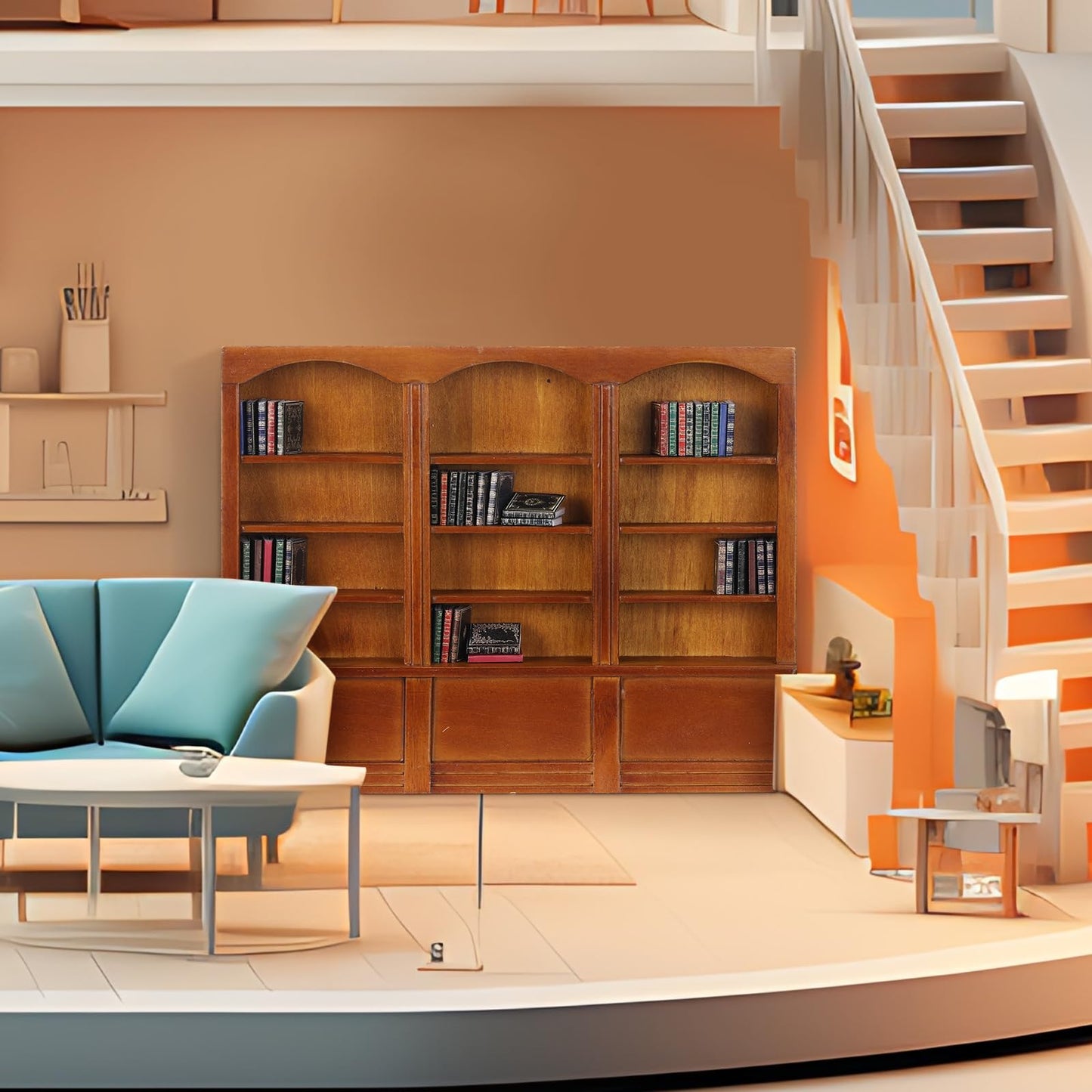 Chivertion 1:12 Scale Dollhouse Miniature Wooden Bookshelf With 48 Pcs Miniatures Books, Mini Bookcase Mini Library Furniture Gi