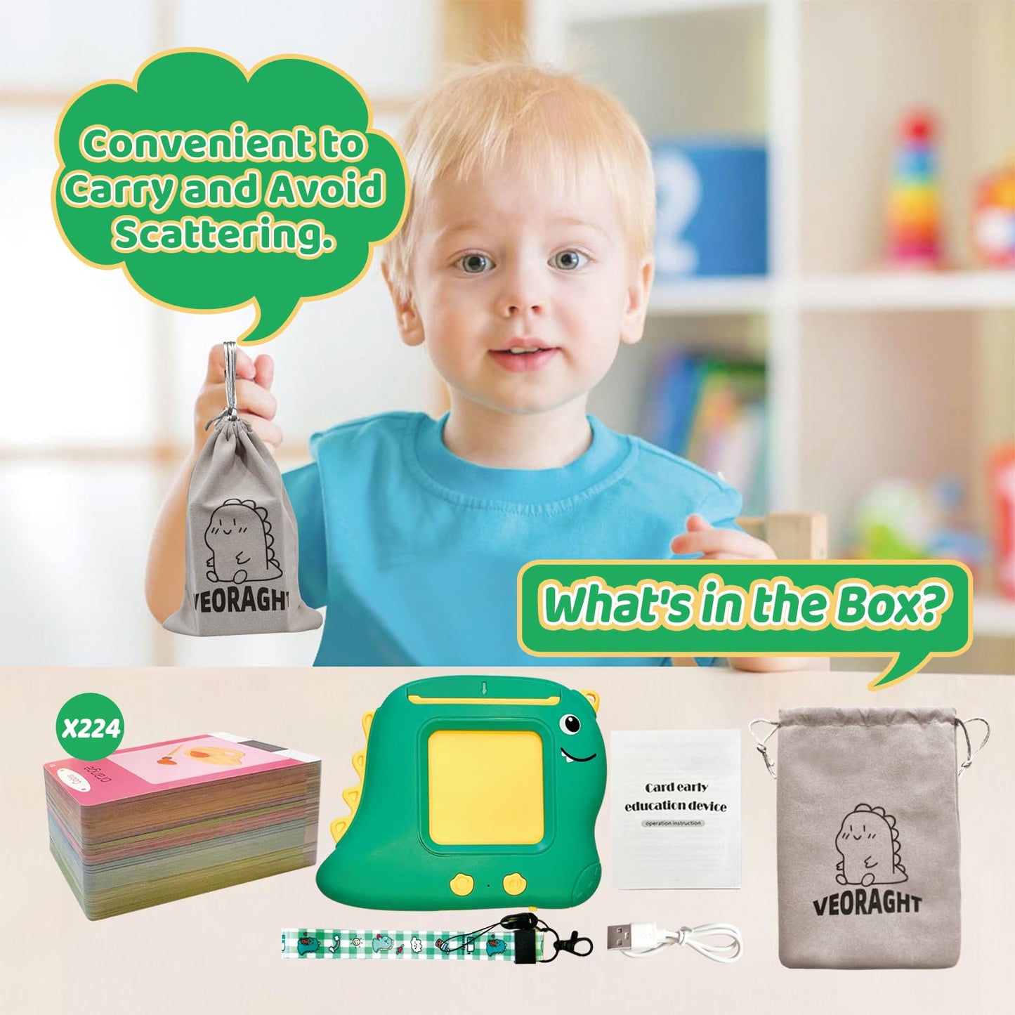 Veoraght Kids Toddler Toys, Baby Dinosaur Talking Flash Cards For 2 3 4 5 6 Year Old Boys Girls With 224 Sight Words, Autism Sen
