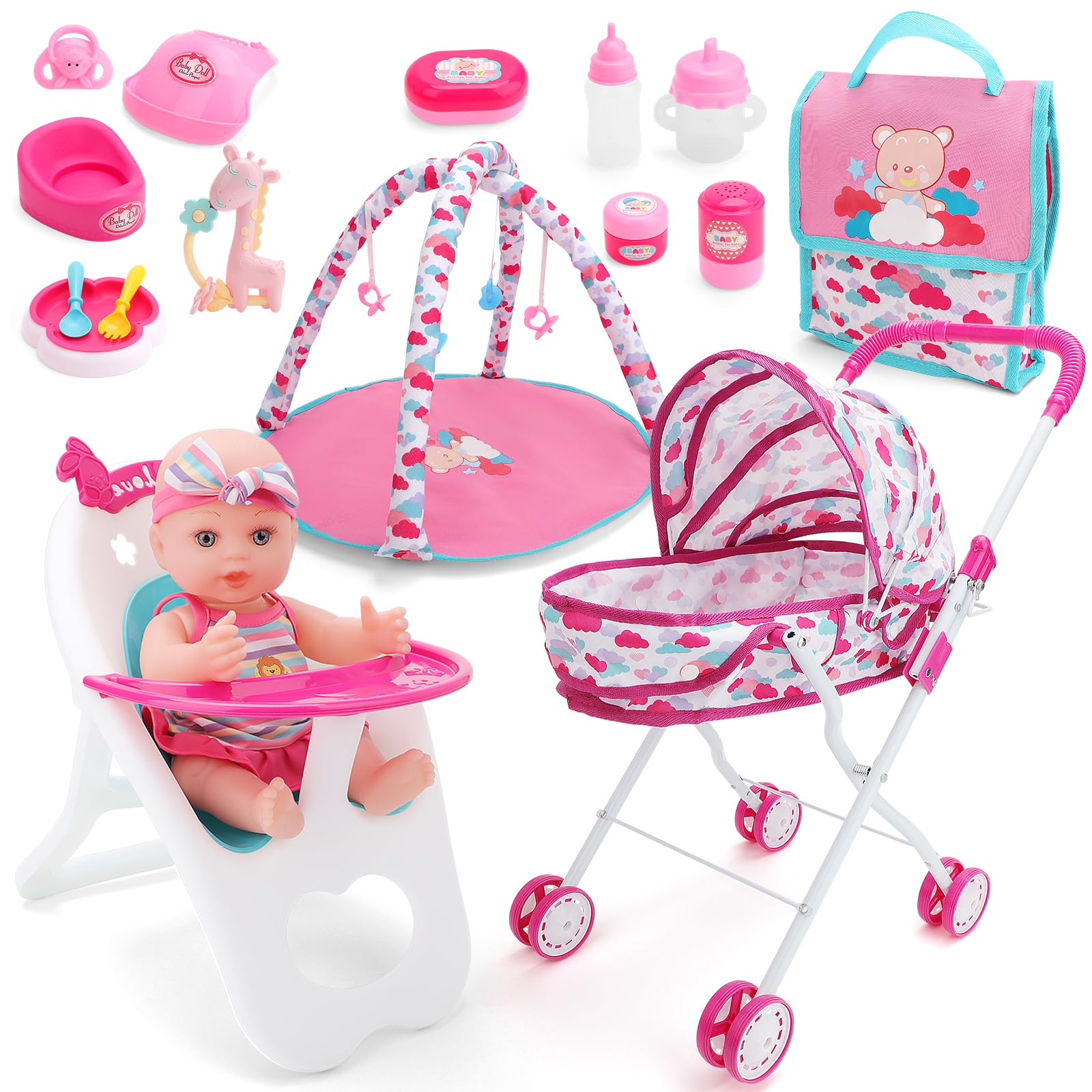 deAO Baby Doll Stroller Set With Nursery Accessories - High Chair, Play Mat, Travel Bag and Feeding Toys for Role Play, Gift for