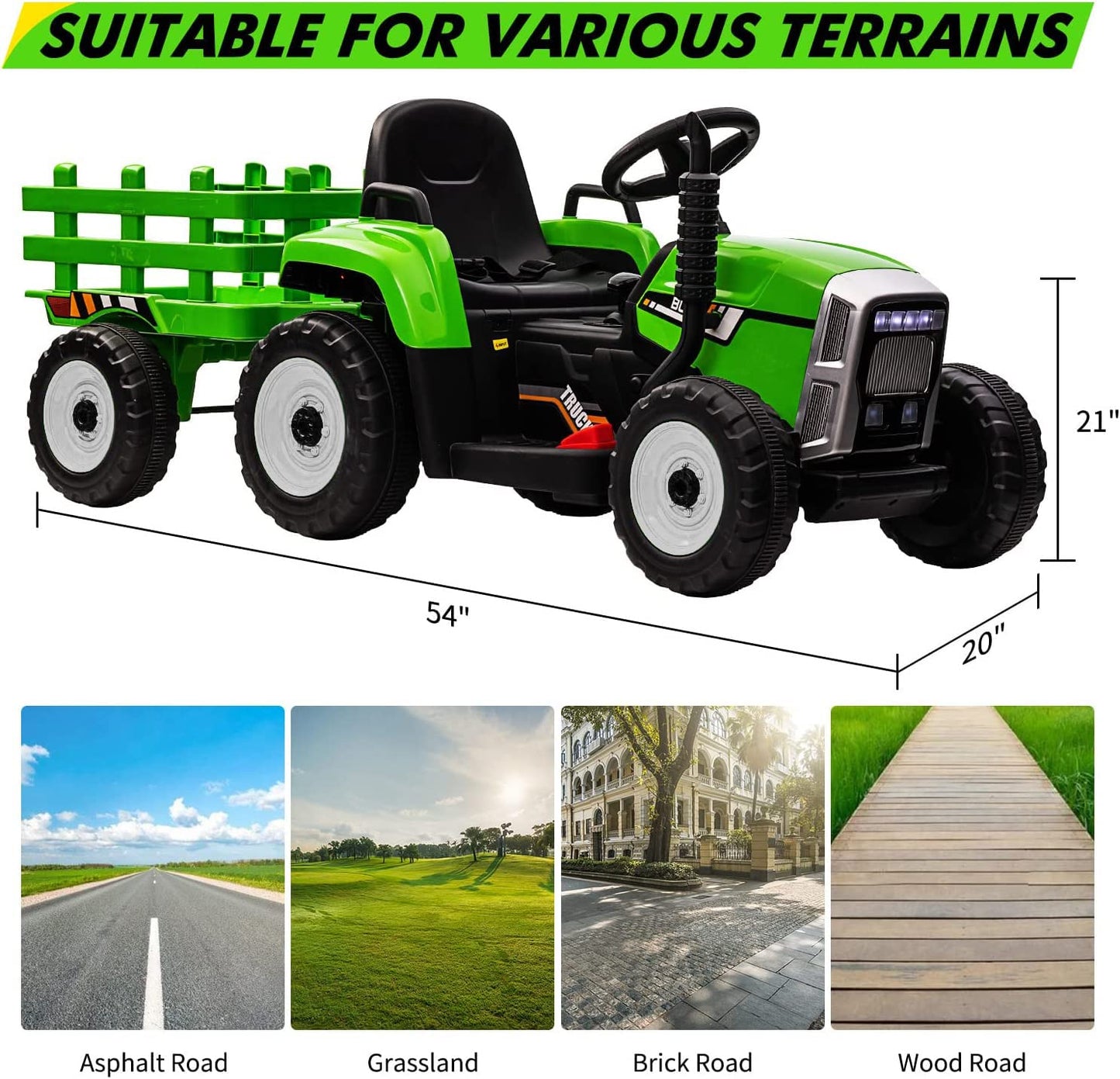 Kids Ride On Tractor With Green Trailer & Remote Control, 12V Toddler Battery Powered Electric Vehicle With Slow Start 7Led Head