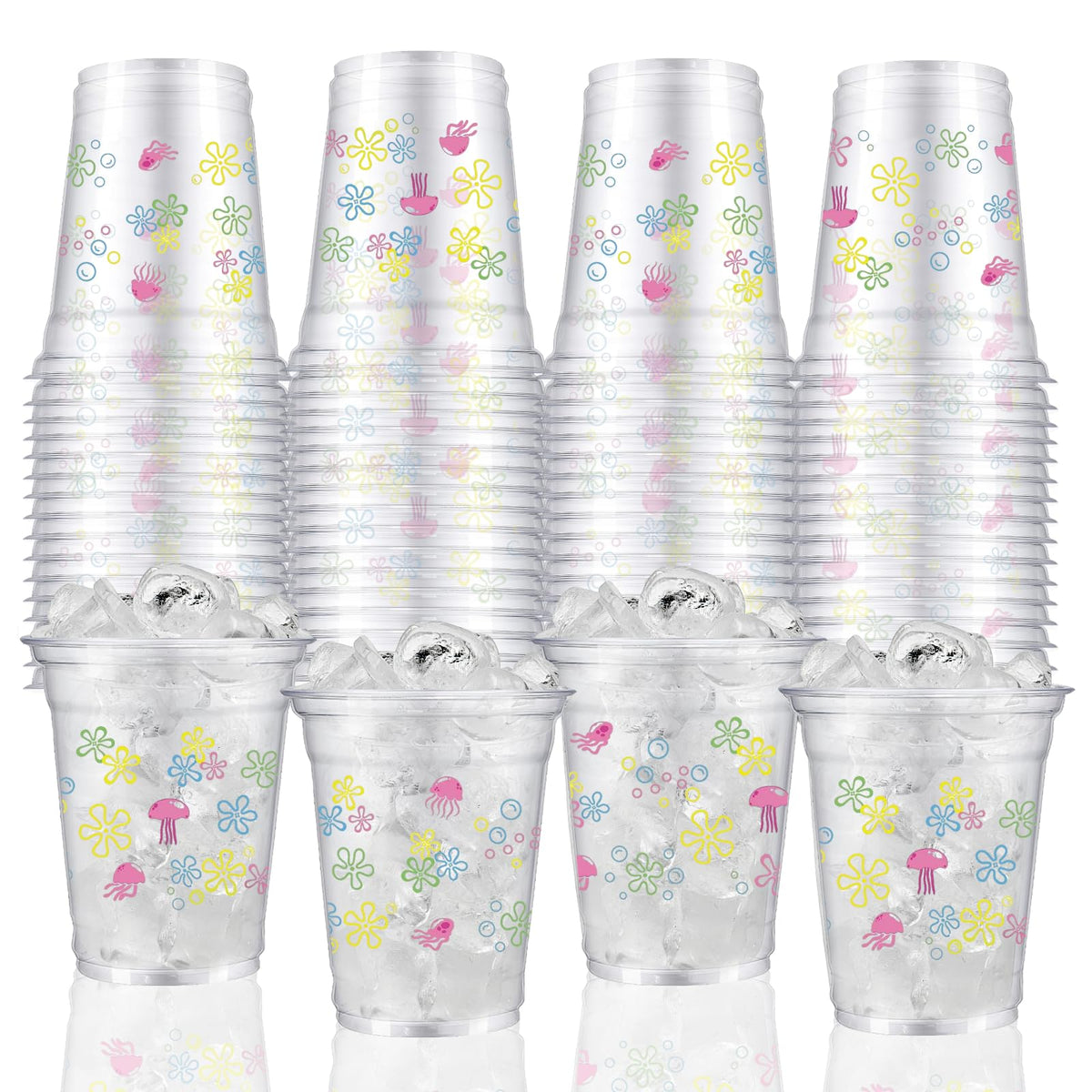 WPDISCZ 50pcs Yellow Cartoon Plastic Cups Jellyfish Flowers Pattern Disposable Clear Plastic Cups Party Gifts Perfect for Ocean 