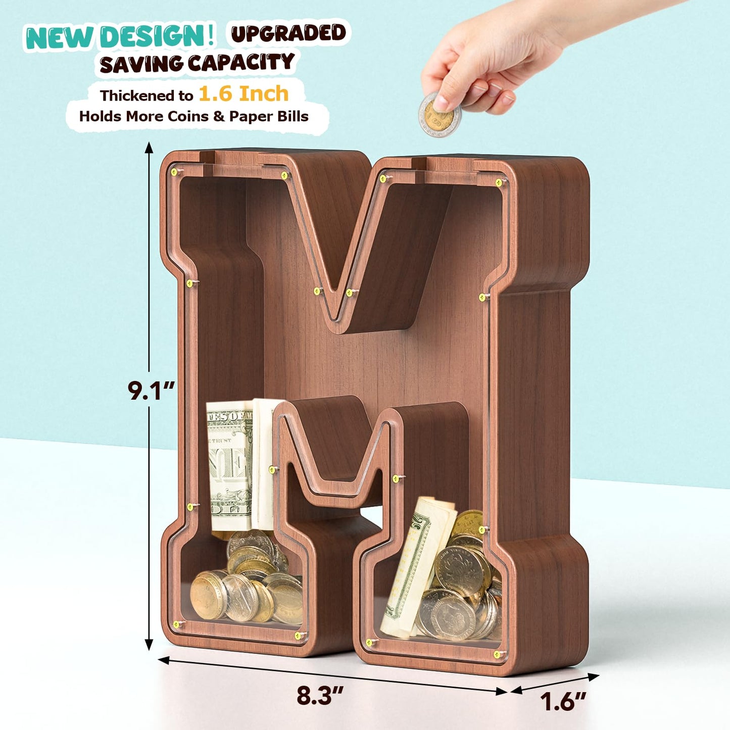 Summidate Wooden Letter Piggy Bank  Extra Thick Large Capacity Piggy Bank for Kids Boys Girls Toddler  Alphabet M Money Bank| Coin Box Birthday  Christmas  Festival