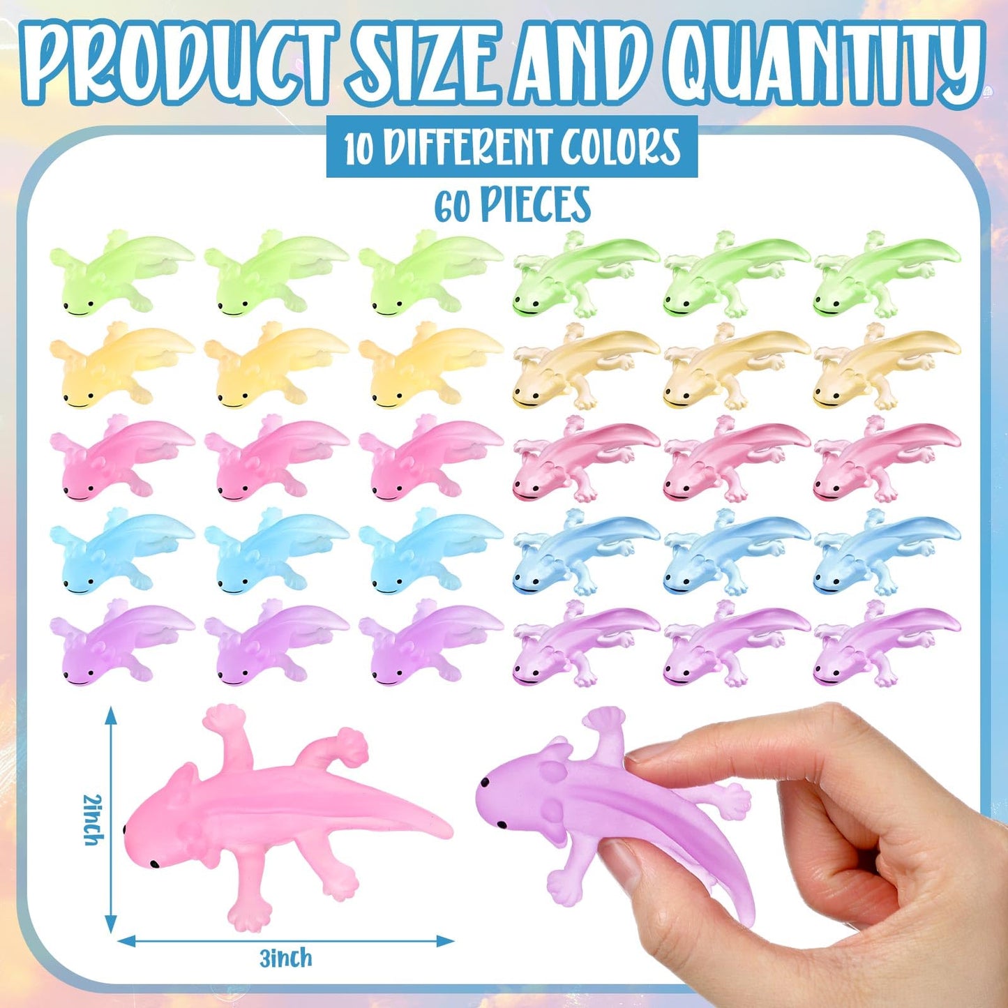 Meooeck 60 Pcs Mini Axolotl Animals Toys Bulk Cute Squeeze Axolotl Fidget Stress Relief Salamander Animal Sensory Toys for Child