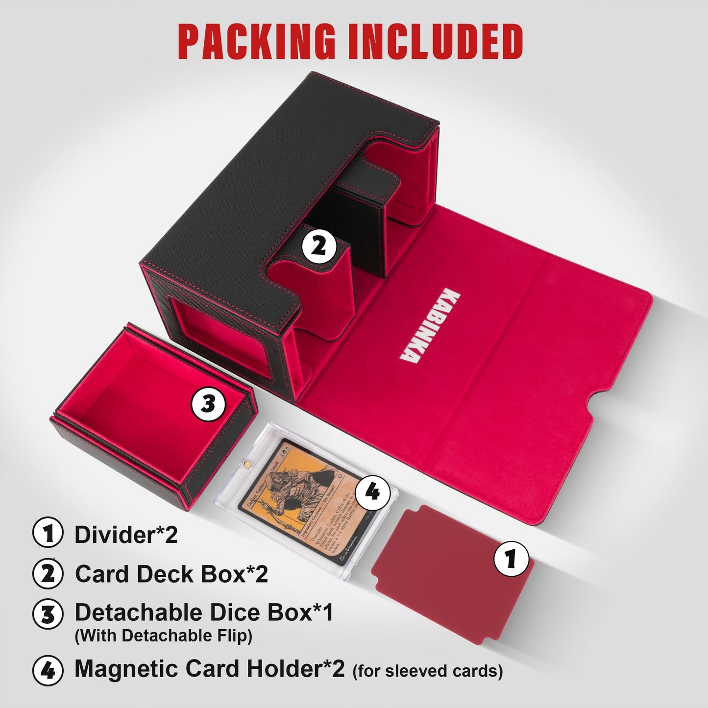 Kabinka Deck Box for MTG with Commander Display  3 in 1 Trading Card Storage Box Fit 200 Double-sleeved Cards  Removable Deck Case for TCG/Sports Cards with 2 Magnetic Card Holders (Black Red)