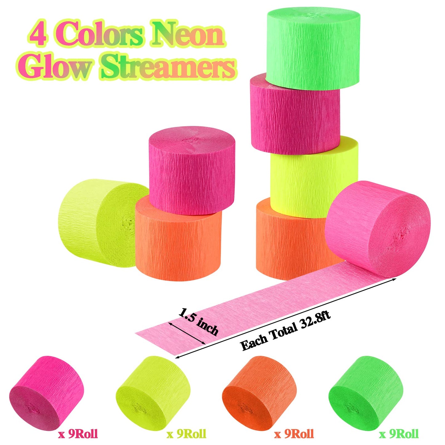 Outus 36 Rolls 33 ft Glow in The Dark Party Supplies Streamers Glow Crepe Paper Rolls Neon UV Blacklight Reactive Fluorescent Pa