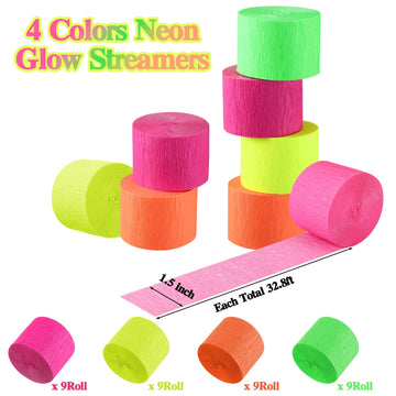 Outus 36 Rolls 33 ft Glow in The Dark Party Supplies Streamers Glow Crepe Paper Rolls Neon UV Blacklight Reactive Fluorescent Pa