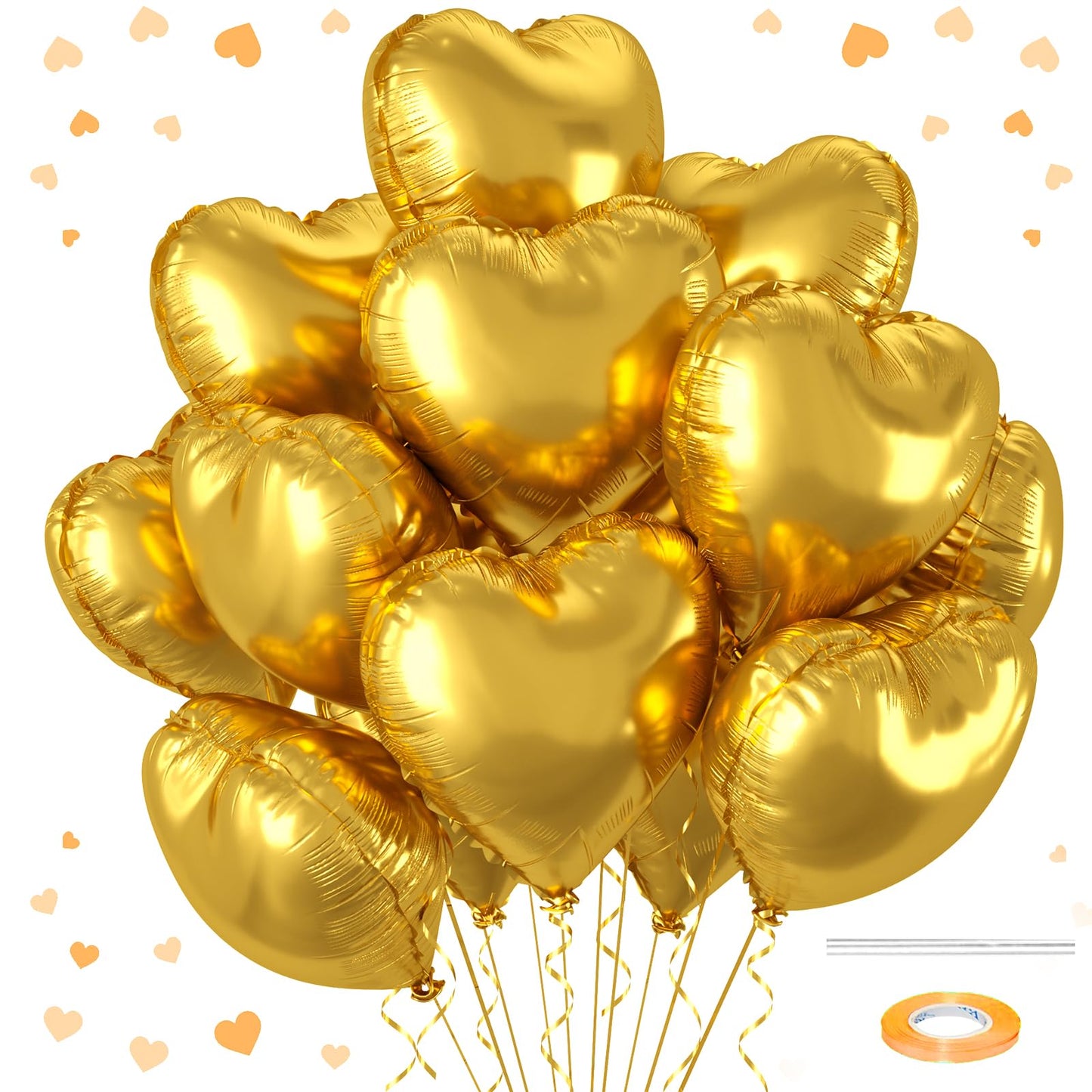 12 Pcs Heart Balloons, 18 inch Gold Heart Shaped Balloons, Big Heart Helium Balloons, Heart Love Foil Balloons for Wedding Baby 