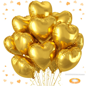 12 Pcs Heart Balloons, 18 inch Gold Heart Shaped Balloons, Big Heart Helium Balloons, Heart Love Foil Balloons for Wedding Baby 