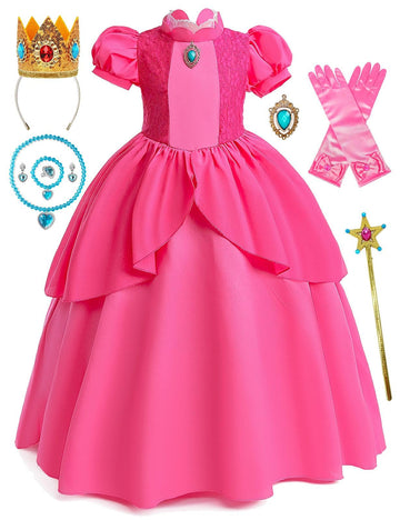 Isswya Pink Princess Costume Girls Cosplay Princess Peach Dress Kids Halloween Birthday Party Dress Up Outfit Clothes 7-8Y