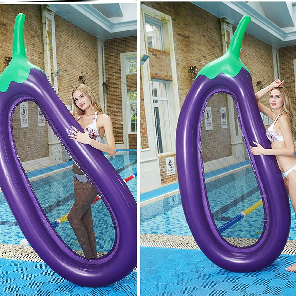 OUKEYI Inflatable Pool Float Chair - Large Purple PVC Eggplant Design (250x110cm) - Ideal for Adults and Kids Enjoying Pool Time