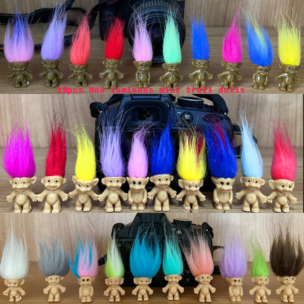 40Pcs Luminous Mini Troll Dolls Glow In The Dark Vintage Action Figures Lucky Troll Dolls 1.2'' Bodies, 2.3'' Hair. Cake Toppers