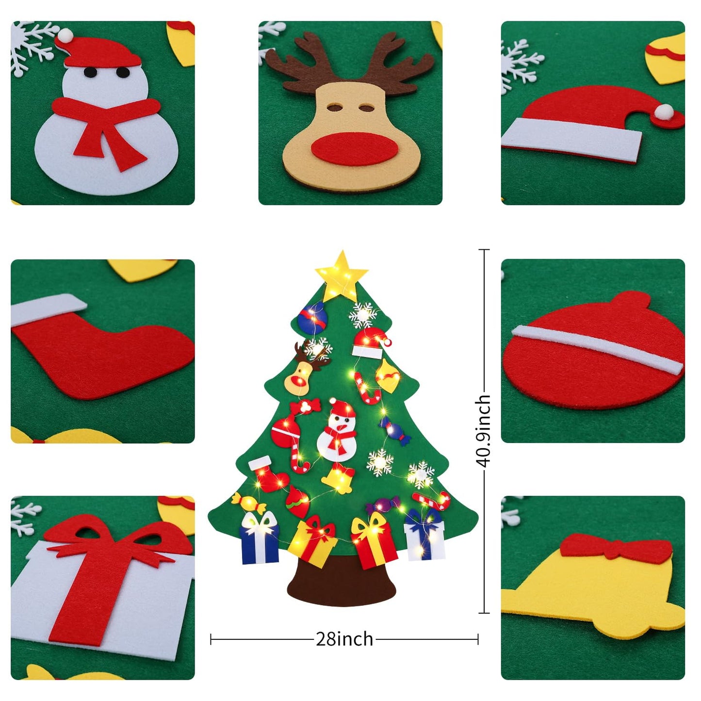 3FT DIY Felt Christmas Tree for Kids with 31pcs Detachable Ornaments,Wall Hanging Xmas Christmas Decorations with String Light (