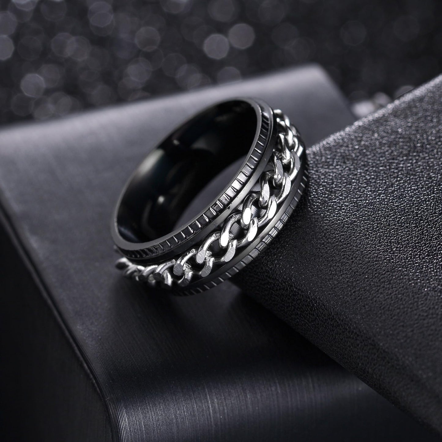Udolfly Mens Fidget Rings Anxiety Rings For Men Womens Chain Spinner Rings For Adults Titanium Steel Ring Black Silver Size 9