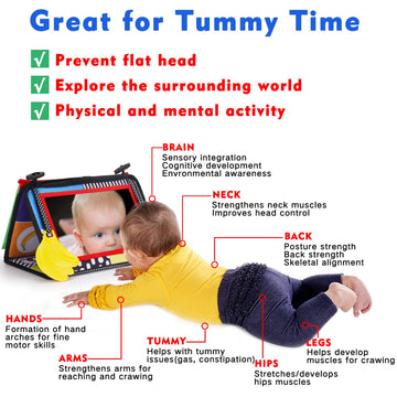 Tummy Time Baby Mirror Infant Toys Newborn 0 3 Months Brain Development With Crinkle Cloth Book Teether Black And White High Contrast Baby Toys 2 4 5 0-6 Month Boys Girls Sensory Activity Shower Gift