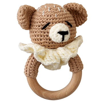 Wooden Baby Rattle,Crochet Lion Rattle With Wood Ring, Newborn Wooden Animal Rattle Toy,Infant Lion Wood Rattle Toys,Lion-2