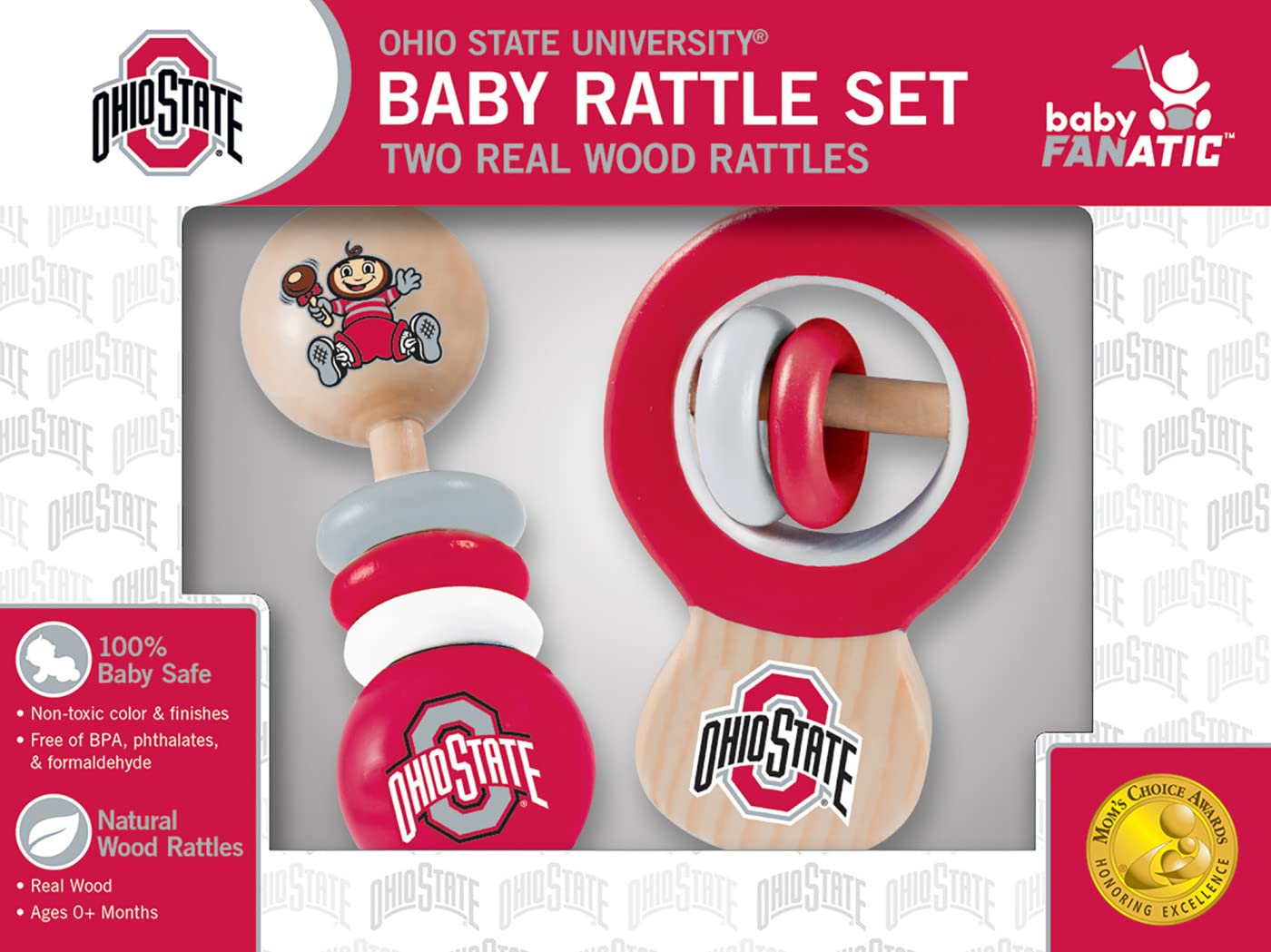 MasterPieces NCAA Ohio State Buckeyes, Natural Wood, Non-Toxic, BPA, Phthalates, & Formaldehyde Free, Baby Rattle, 2 Pack