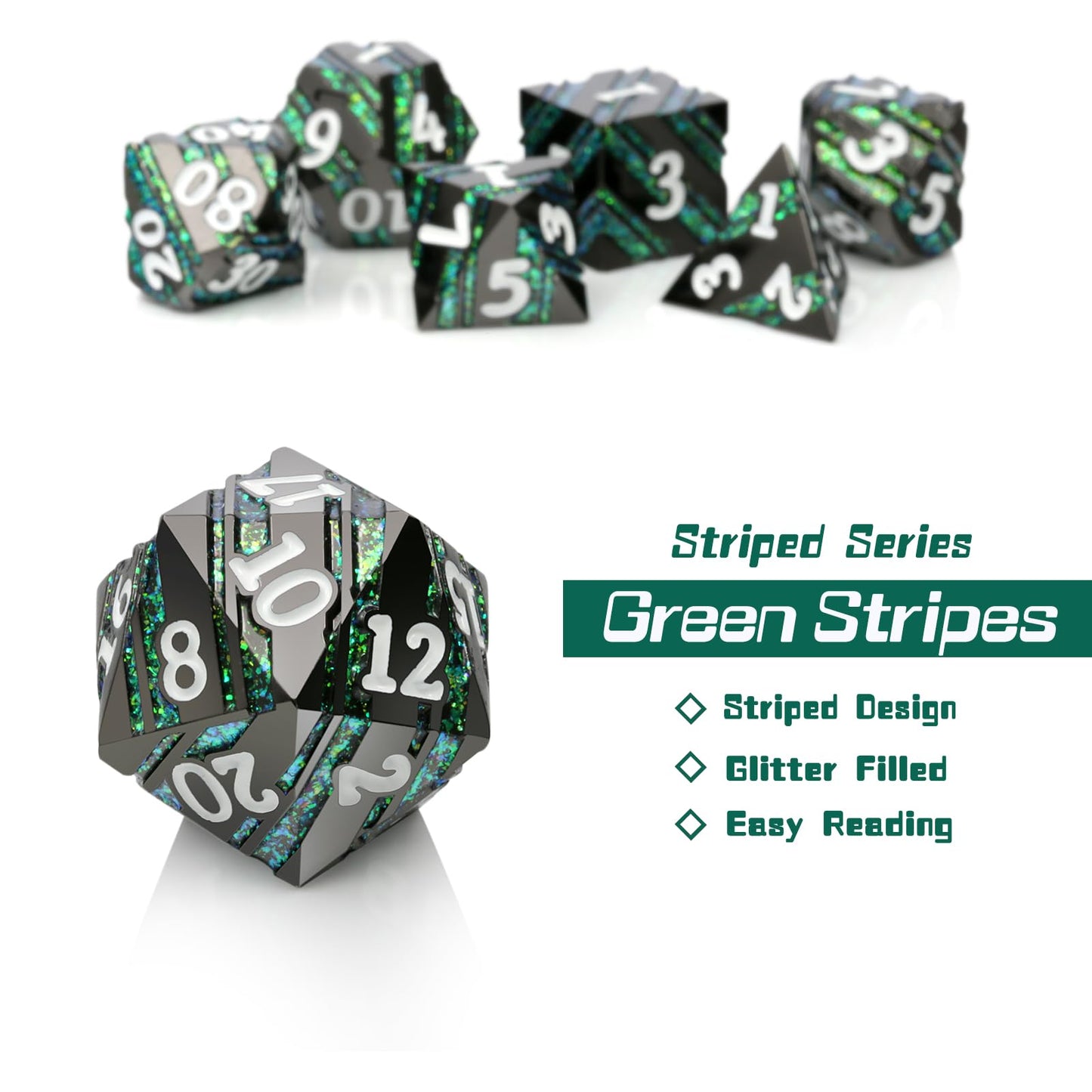 Stripe D&D Dice,DNDND Metallic Glitter Stripes Dice with Gift Metal Box for Dungeons and Dragons Tabletop Game (Green Stripes)