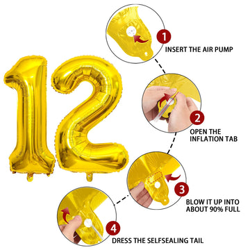 12 Number Balloon Gold 40 Inch Big Foil Mylar 12Th Balloons For 12 Year Old Boy Girl Birthday Party Decorations Wedding Annivers