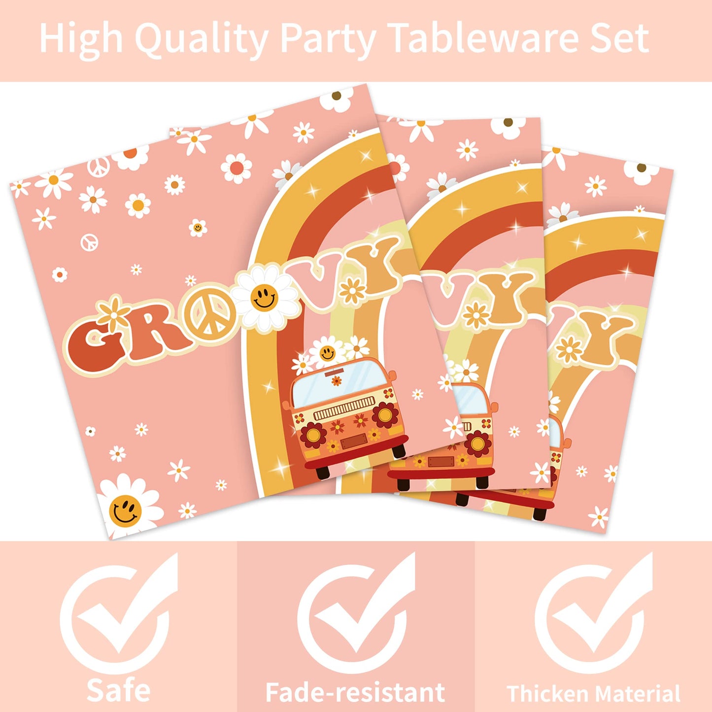Oigco 120Pcs Groovy Birthday Party Supplies Hippie Boho Plates Napkins Cups Retro Daisy Flower 60'S Style Party Supplies For Gir