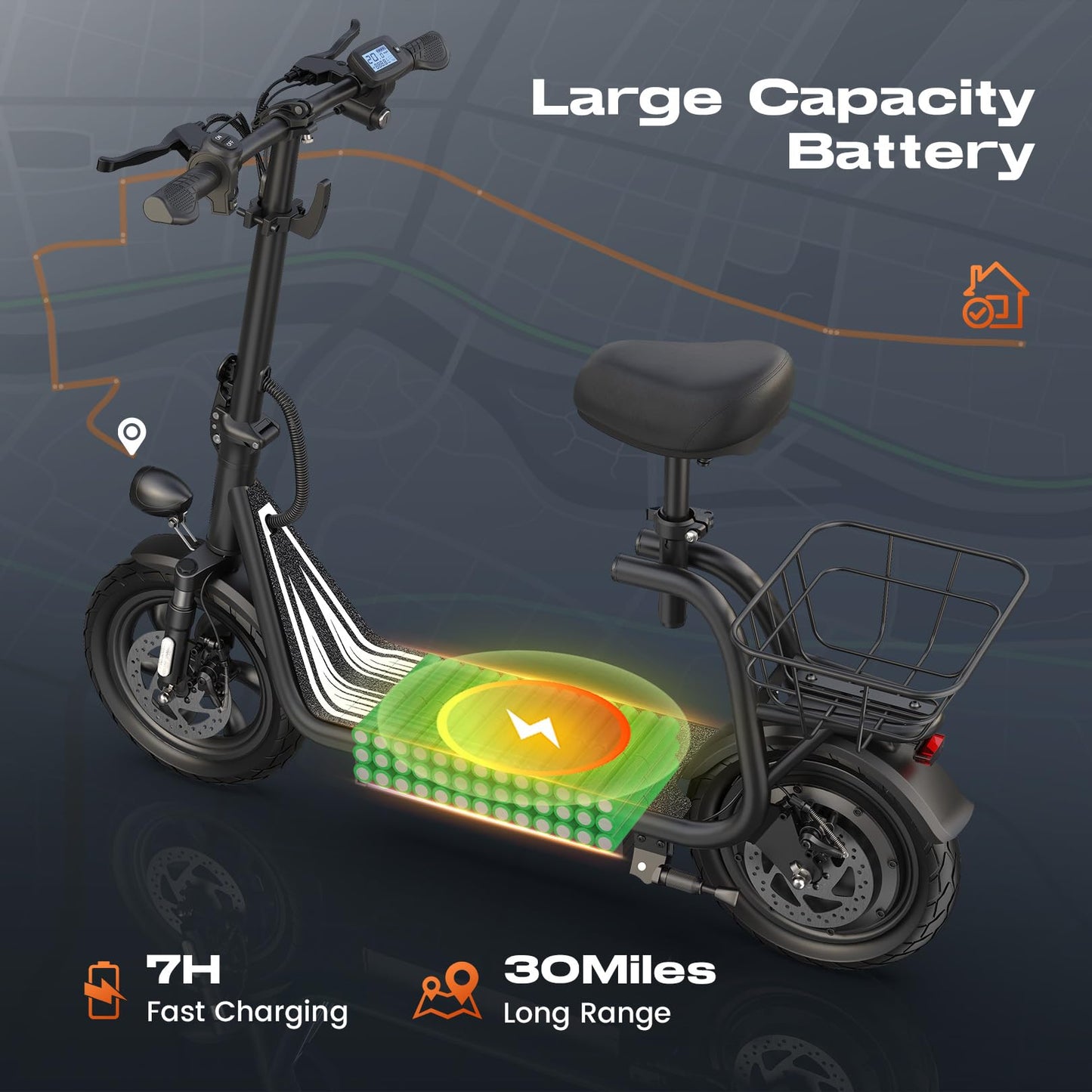 Caroma Peak 1200W Electric Scooter with Seat 30 Miles Range 20Mph Max Speed 12 Tire Foldable Electric Scooter for mature-themed 265lb Max Load(Black)