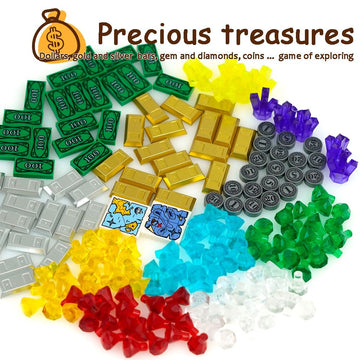 210 Pieces Money Treasure Chest City Bank Accessories Building Block, Pirate Ships Maps Dollar Jewel Gems Diamonds Gold Bar Coins Bricks Pieces, Crystals Bill Cash Parts Sets