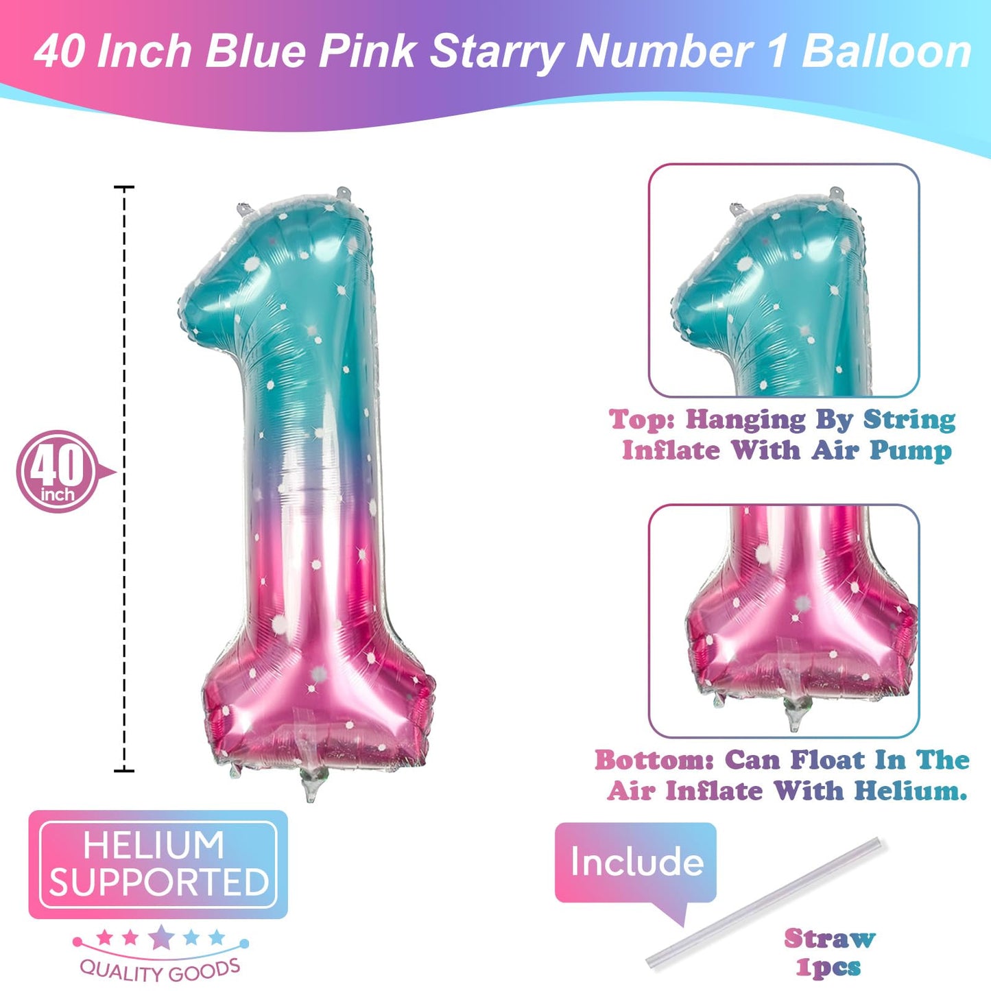 40 Inch Blue Pink Number 1 Balloon For 1St Birthday Decoration, Large Rainbow Mermaid Mylar Foil Number Balloons 0-9 For Girl, S
