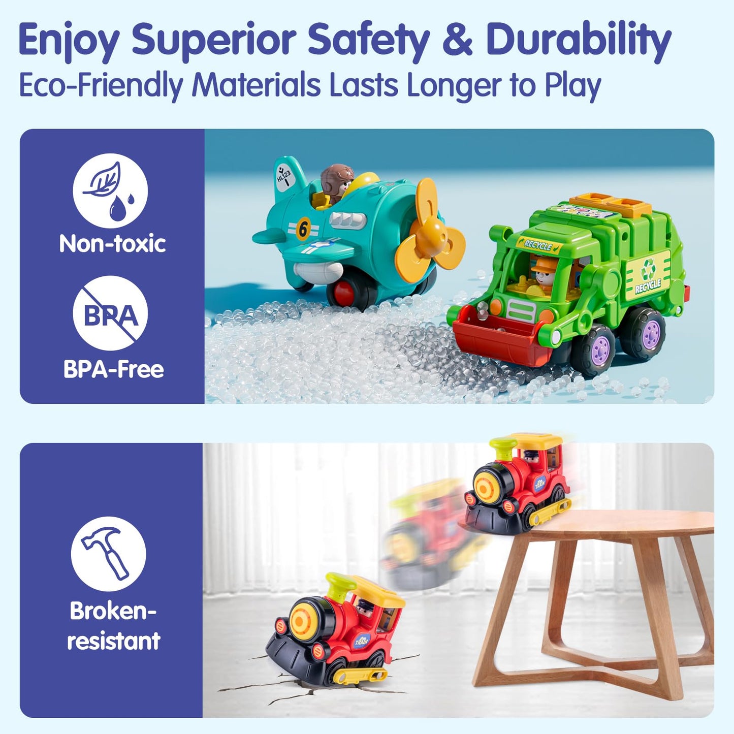 HOLA Toys for 1 2 3 Year Old Boy Birthday Gift - 3 PCS Friction-Powered Trucks & Propeller Plane Toy, Garbage Truck & Train Todd