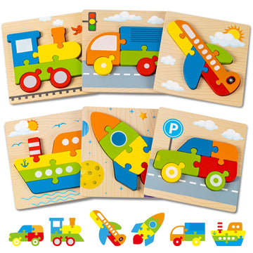 Wooden Vehicle Puzzles Toy Gift For 1, 2, 3 Years Old Boys Girls, Toddler Best Birthday Gift With 6 Vehicle Baby Montessori Colo