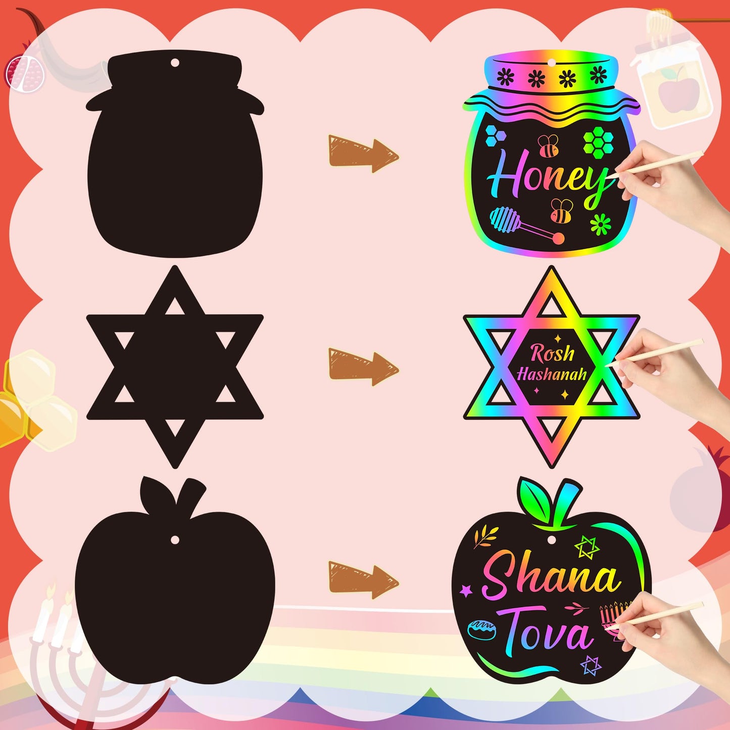 CY2SIDE 60PCS Rosh Hashanah Jewish New Year Scratch Card Gift Set for Kid, DIY Shana Tova Scratch Paper Art for Kids School Acti