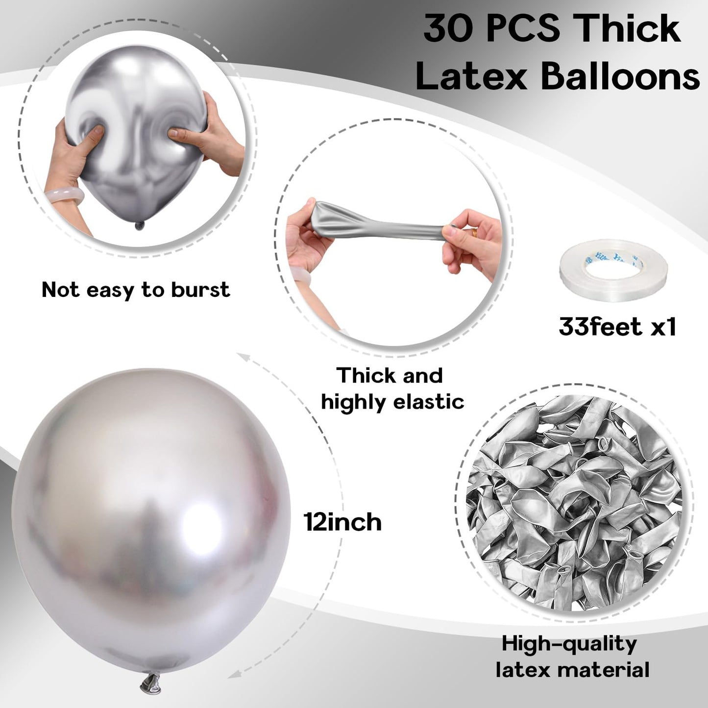 Jobkoo Metallic Silver Balloons, 12 Inch Silver Balloons 30Pcs Chrome Silver Metallic Balloon Silver Shiny Silver Latex Balloons