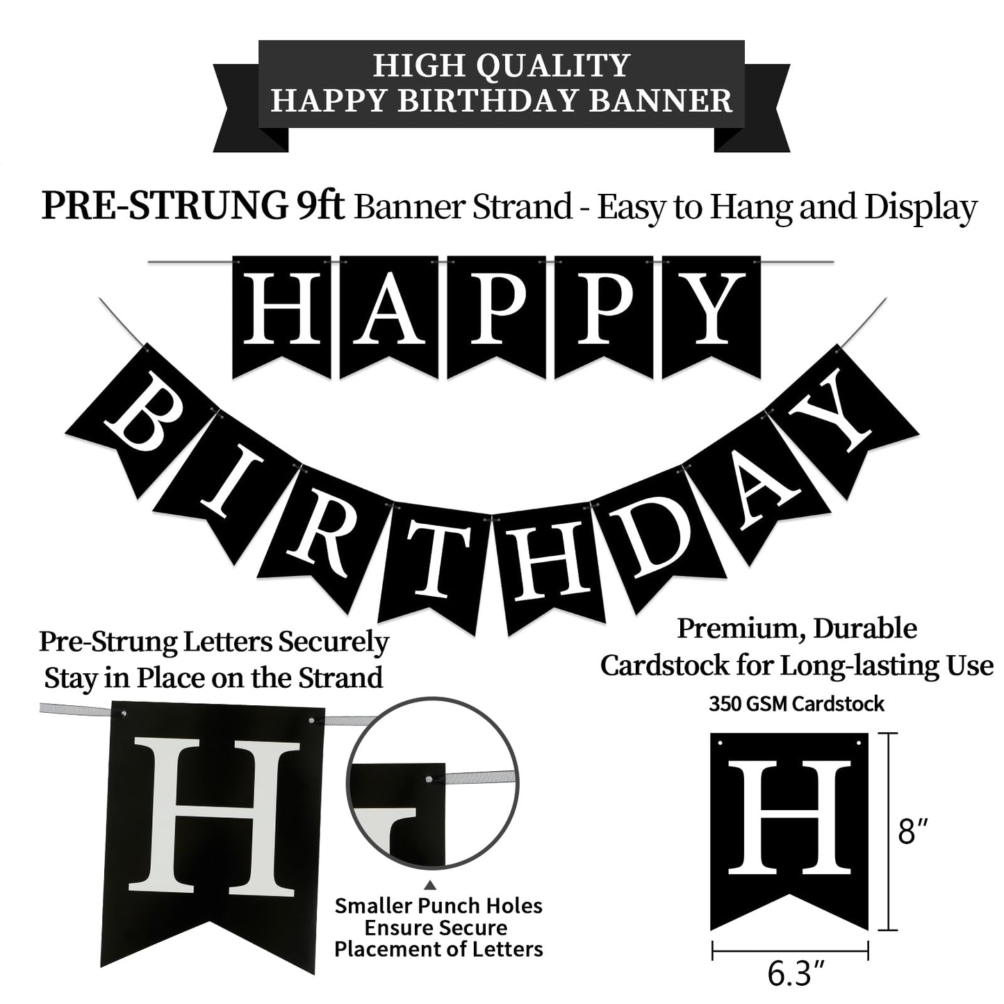 LITAUS, Birthday Decorations, NO DIY - Pack of 16 | Black Happy Birthday Banner, Honeycomb Balls, Swirls, Garland | Happy Birthd