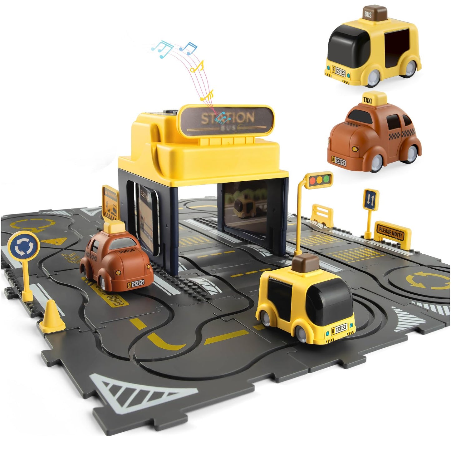 YOOYID Puzzle Track Car Play Set with Light and Music Bus Station and 2 Cars, Floor Puzzles for Kids Ages 3-5, Gift for 3 4 5 Ye