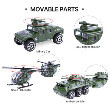26 Pack Diecast Military Vehicles Set 6 Pack Assorted Alloy Metal Models Car Toys and 20 Pack Soldier Army Men Mini Army Toy Tank Panzer Helicopter Anti-Air Vehicle Party Favors for Kids