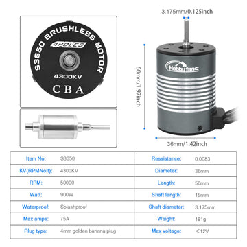 Hobby Fans Waterproof S3650 4300Kv Brushless Motor 3.175Mm Shaft With 60A Sensorless Brushless Esc Electric Speed Controller Com