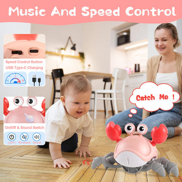 Crawling Crab Baby Girl Toys 3.0, Upgraded Tummy Time Baby Toys 6-12 12-18 Month Toddler Valentines Day Gifts, Walking Dancing Crab With Music&Speed Control For 2 3 4 5 6 7 8 9 10+Girls Birthday Gifts