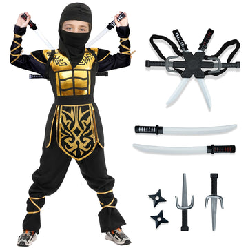 Digi Kids Halloween Ninja Costume For Boys,Golden Ninja Costume Set With Ninja Toys,Halloween Costumes For Kids 4-12T