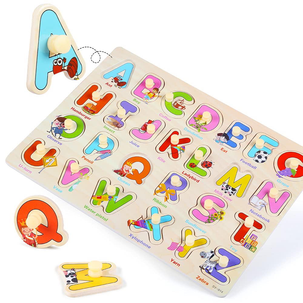 Grinnnie Wooden Peg Puzzle For Toddlers 2 3 4 Years Old, 4 Pcs Montessori Educational Learning Puzzles Set-Numbers, Letters, Animals And Fruits, Great Preschool Gifts For Girls And Boys