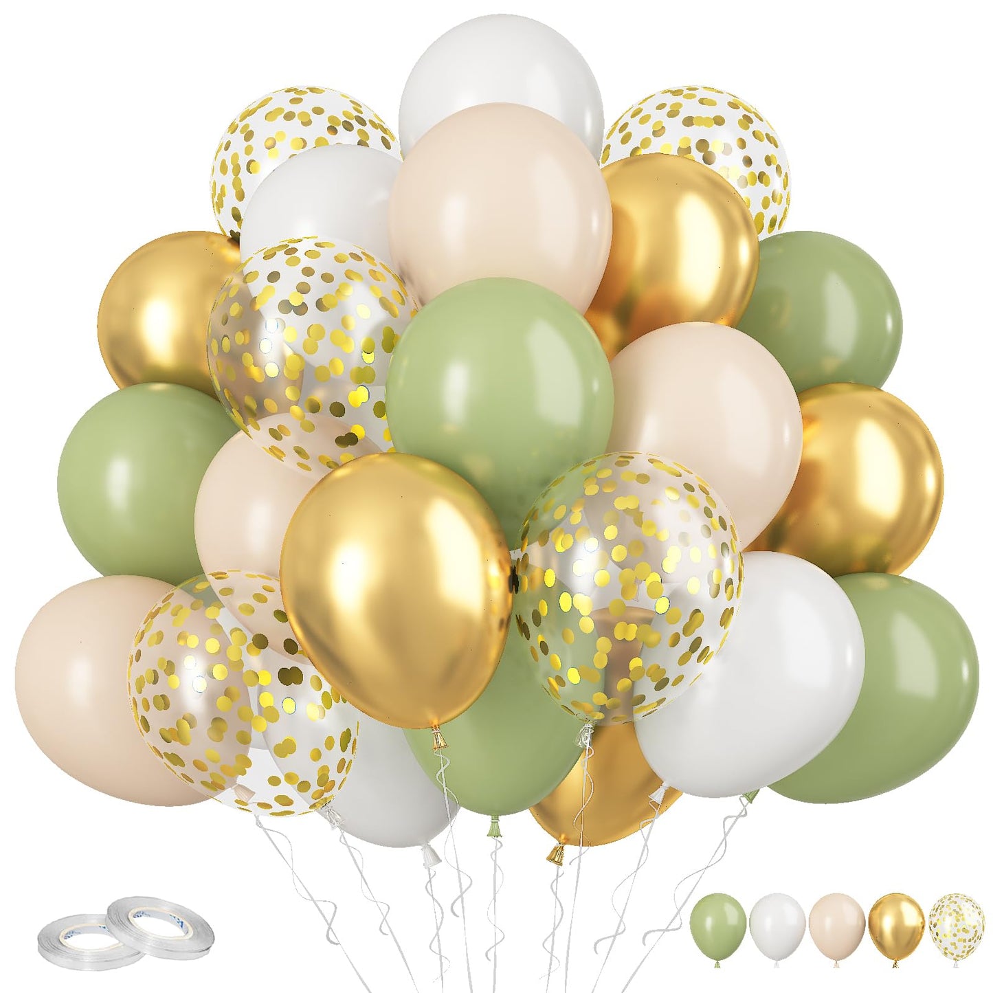 Green And Gold Balloons, 60Pcs Sage Green Apricot Balloons, 12 Inch Metallic Gold Confetti Balloons Retro Green Latex Balloons F