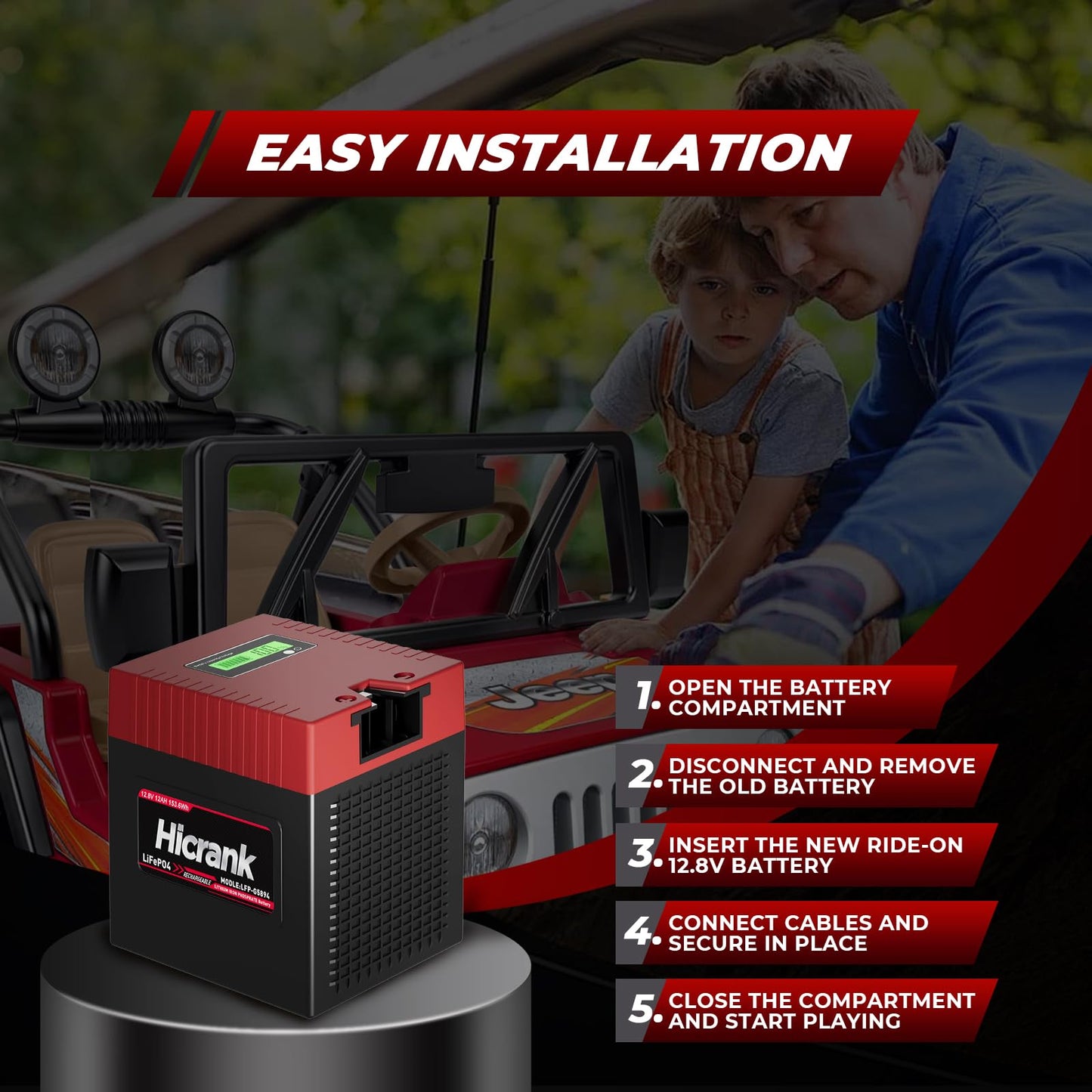Hicrank Lithium Lifepo4 Power Wheels Ride On Toy Replacement Battery 12V 12Ah,2X Acceleration Capability, (Charger Included) Rec