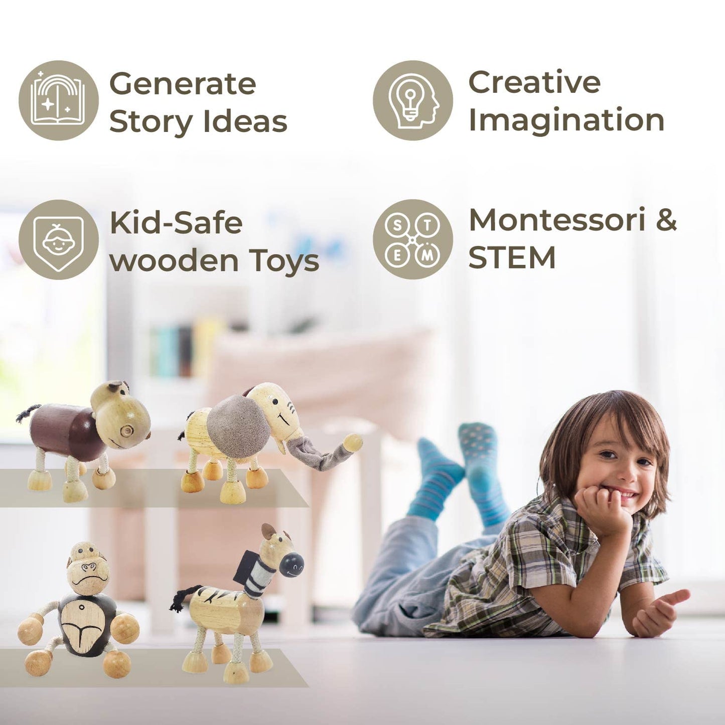 TEKOR Wooden Bendable Jungle Animal Toys (Set of 4) | Ages 3 & Up | Early Education Toy Animals for Kids | Elephant, Zebra, Hipp