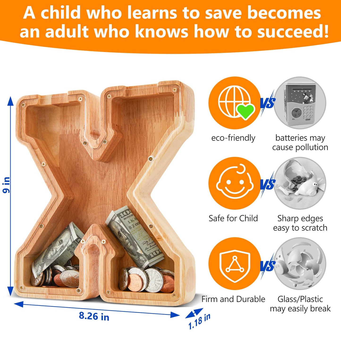 Wooden Letter Piggy Bank for Kids  Initial Coin Bank for Boys and Girls  First Name Personalized Savings Bank for Birthday Boys Girls Gift Piggy Bank for Kids (Wood  S9-X)