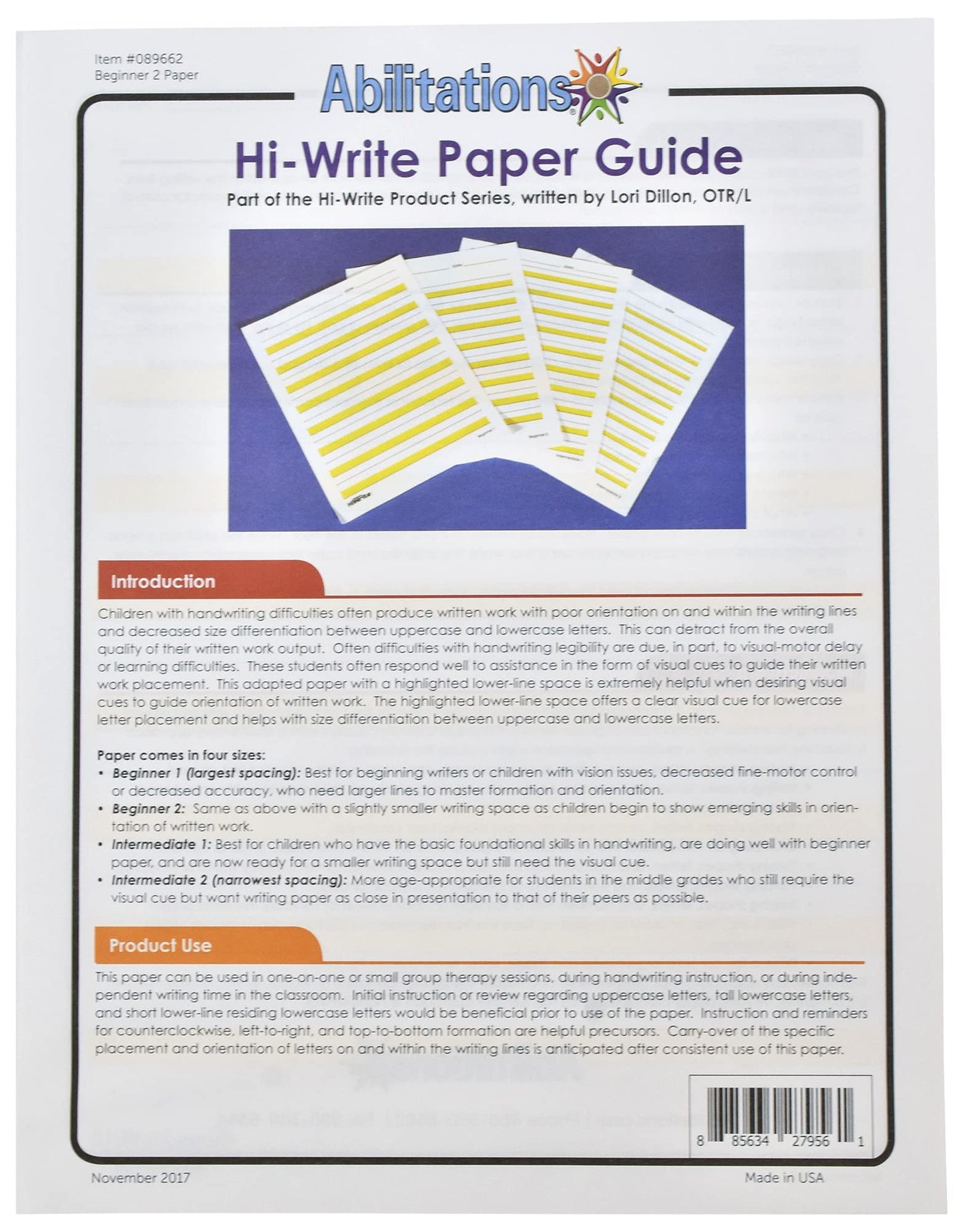 Abilitations Hi-Write Beginner Paper, Level 2, Pack of 100,89662,Yellow/White